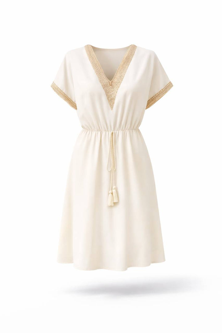 V-Neck Short Sleeve Mini Dress – Tie Waist Dress with Contrast Trim
