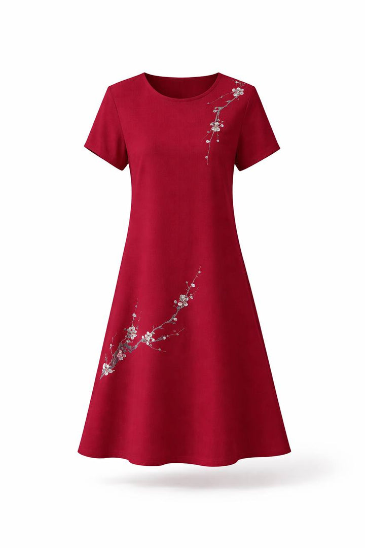 Short Sleeve A-Line Midi Dress – Relaxed Fit Floral Dress with Round Neck