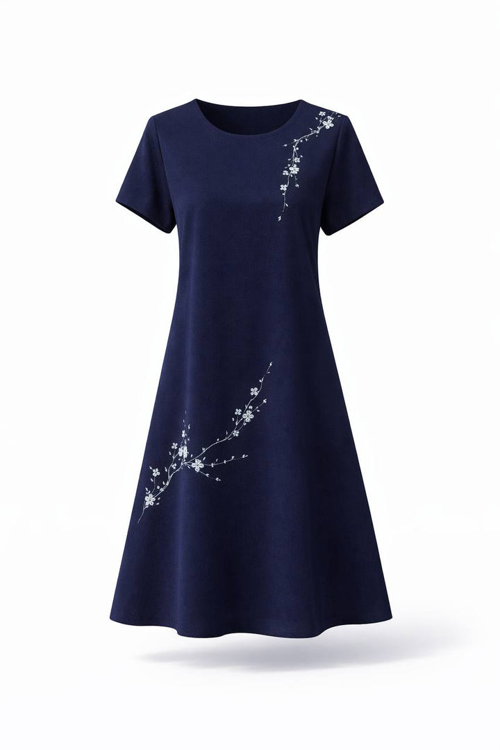 Short Sleeve A-Line Midi Dress – Relaxed Fit Floral Dress with Round Neck