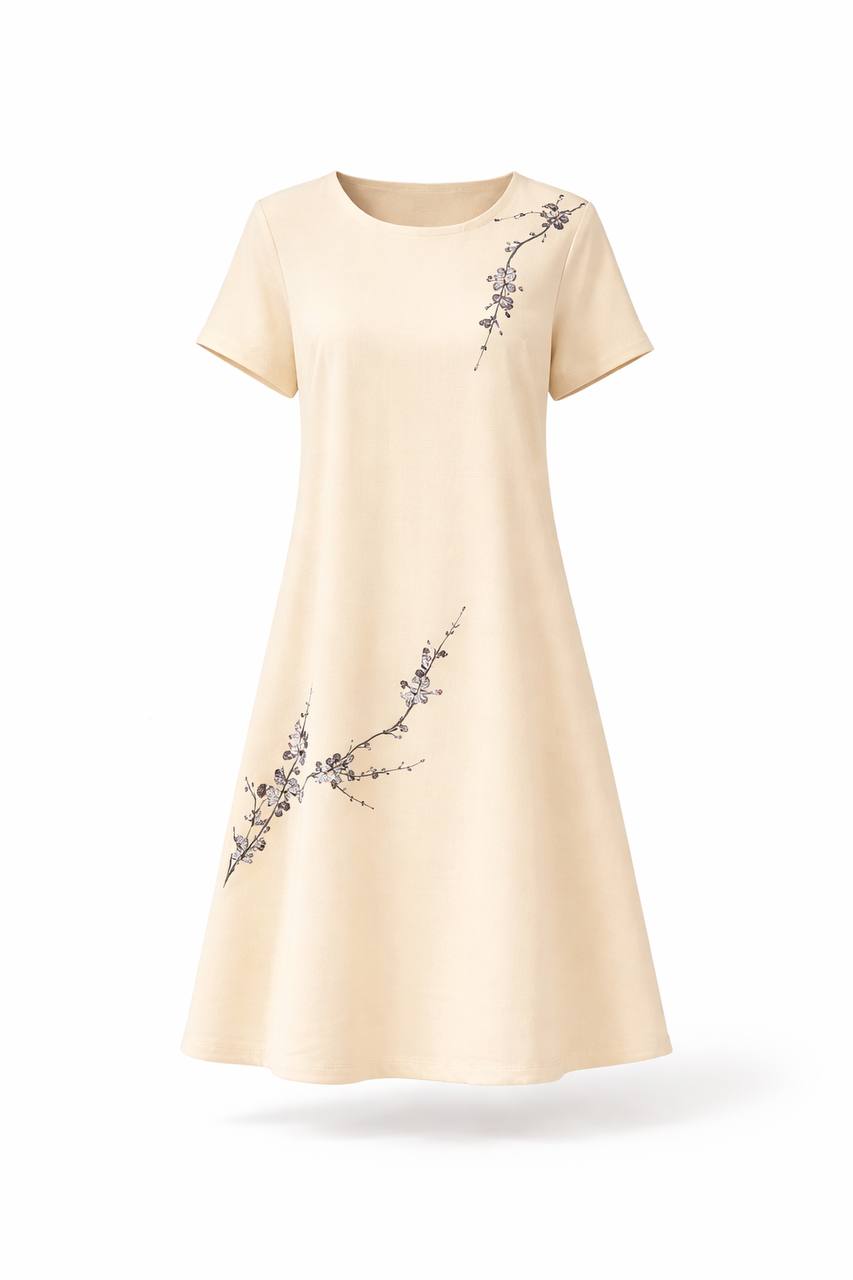 Short Sleeve A-Line Midi Dress – Relaxed Fit Floral Dress with Round Neck
