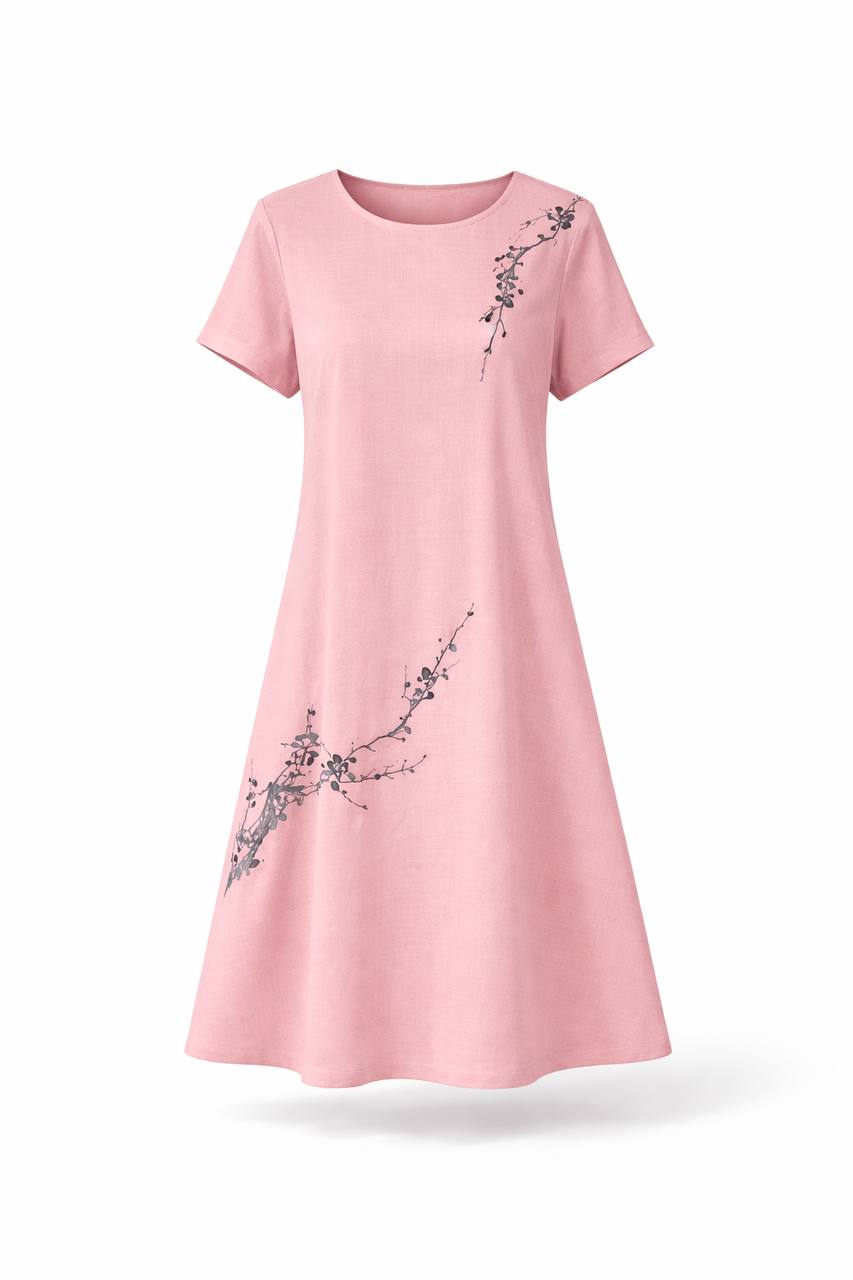 Short Sleeve A-Line Midi Dress – Relaxed Fit Floral Dress with Round Neck
