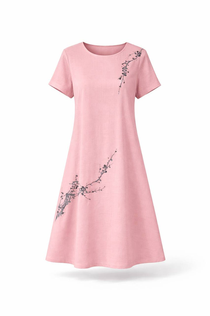 Short Sleeve A-Line Midi Dress – Relaxed Fit Floral Dress with Round Neck