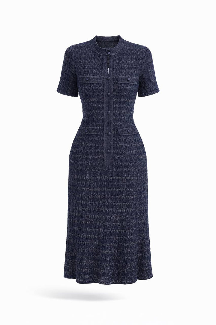 Short Sleeve Knit Midi Dress – Textured Ribbed Fabric and Functional Chest Pockets