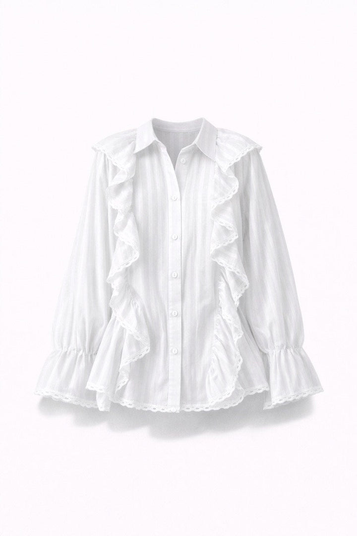 Ruffle Button Front Blouse – Long Sleeve Peplum Top with Lace Trim