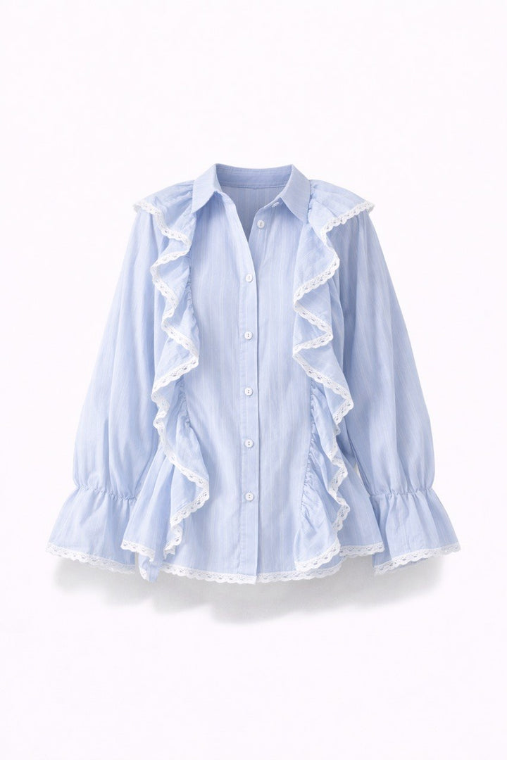 Ruffle Button Front Blouse – Long Sleeve Peplum Top with Lace Trim