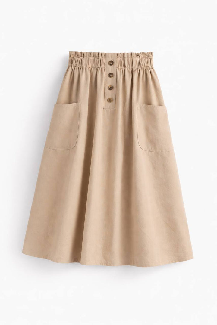 High Waisted Button Front Midi Skirt – Elastic Waist A-Line Skirt with Patch Pockets