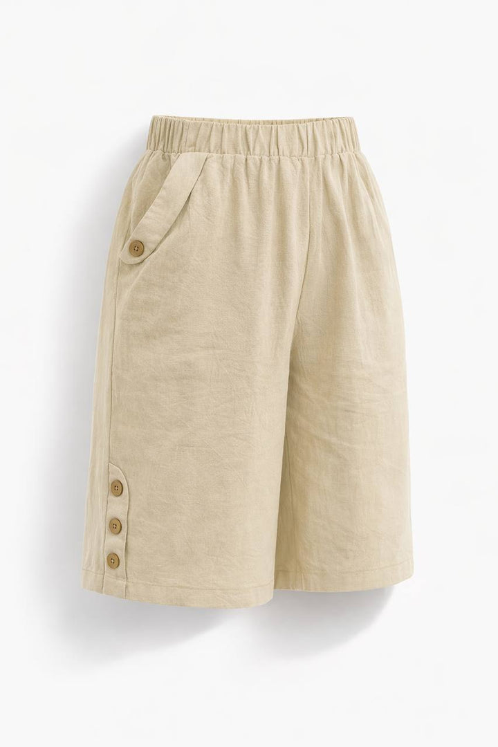 High Waisted Knee Length Shorts – Elastic Waist Casual Shorts with Button Detail