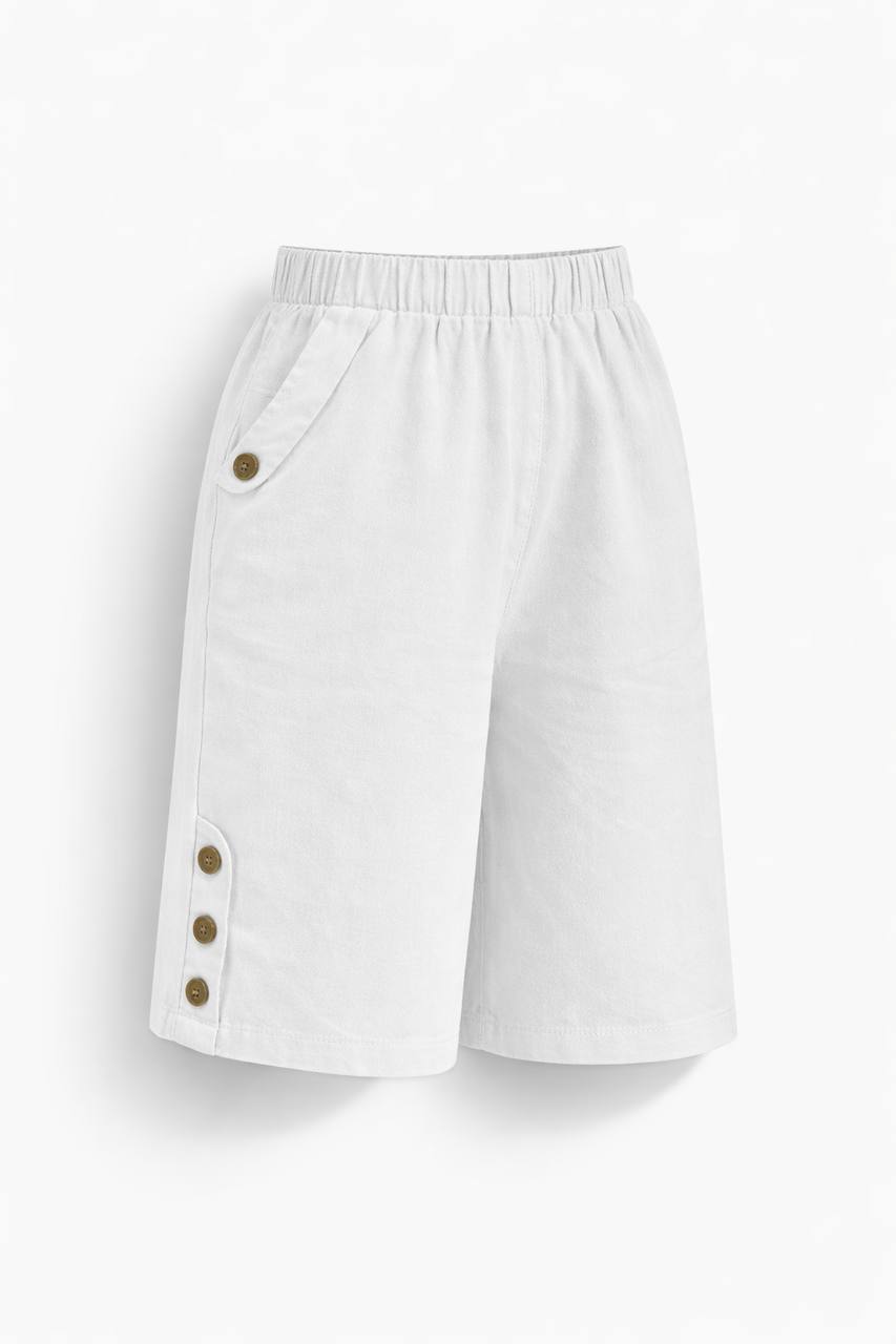 High Waisted Knee Length Shorts – Elastic Waist Casual Shorts with Button Detail