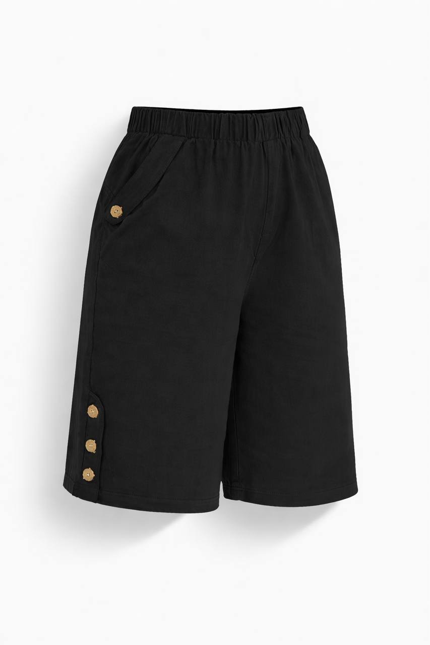 High Waisted Knee Length Shorts – Elastic Waist Casual Shorts with Button Detail