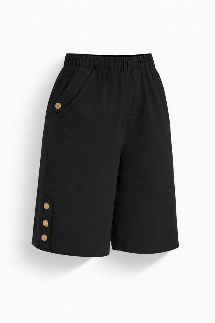 High Waisted Knee Length Shorts – Elastic Waist Casual Shorts with Button Detail