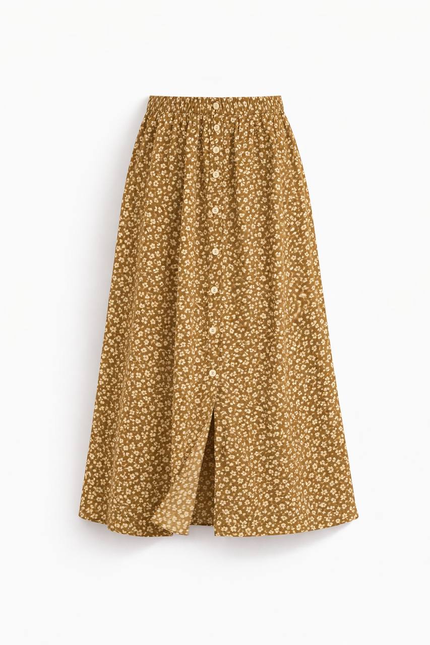 High Waisted A-Line Midi Skirt – Floral Print Button Front Skirt with Elastic Waist