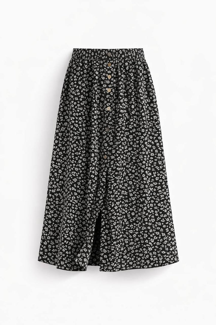High Waisted A-Line Midi Skirt – Floral Print Button Front Skirt with Elastic Waist