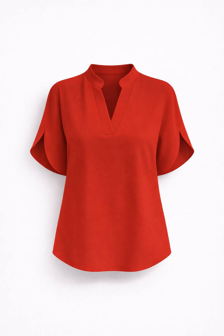 Chiffon V Neck Blouse - Split Sleeve Relaxed Fit Top