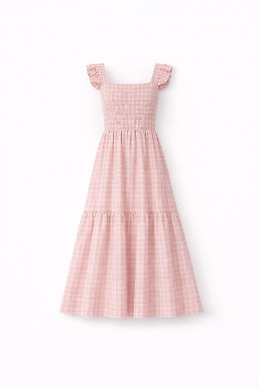Gingham Maxi Dress – Square Neck Ruffle Sleeve Smocked Waist Dress