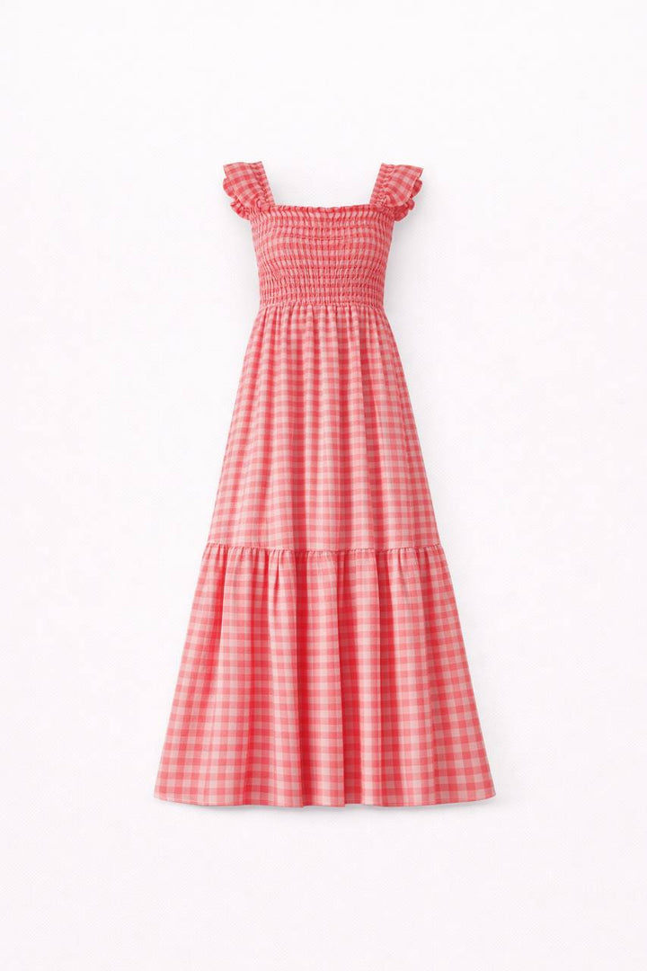 Gingham Maxi Dress – Square Neck Ruffle Sleeve Smocked Waist Dress
