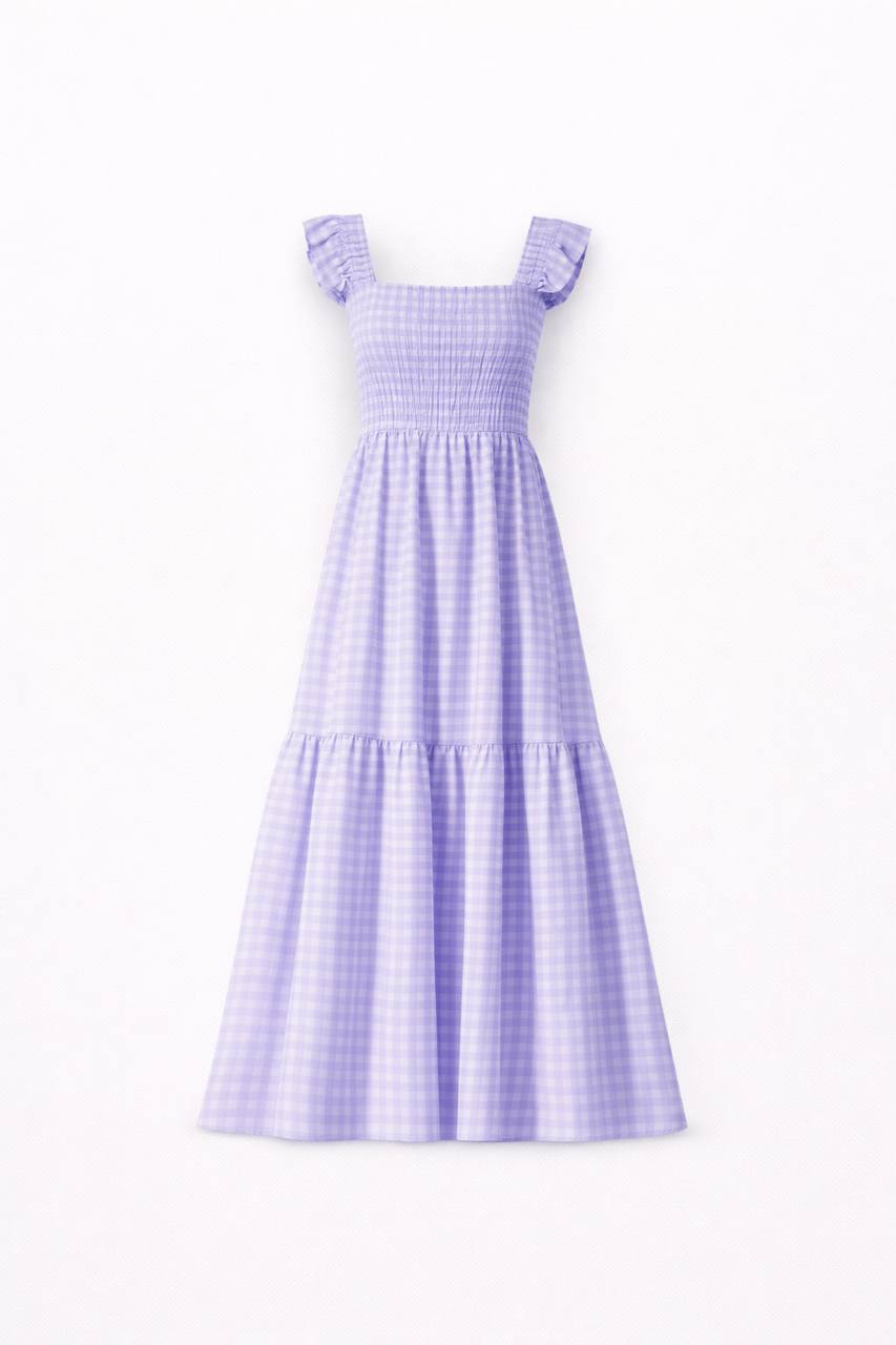 Gingham Maxi Dress – Square Neck Ruffle Sleeve Smocked Waist Dress