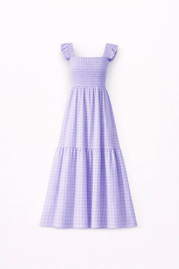 Gingham Maxi Dress – Square Neck Ruffle Sleeve Smocked Waist Dress