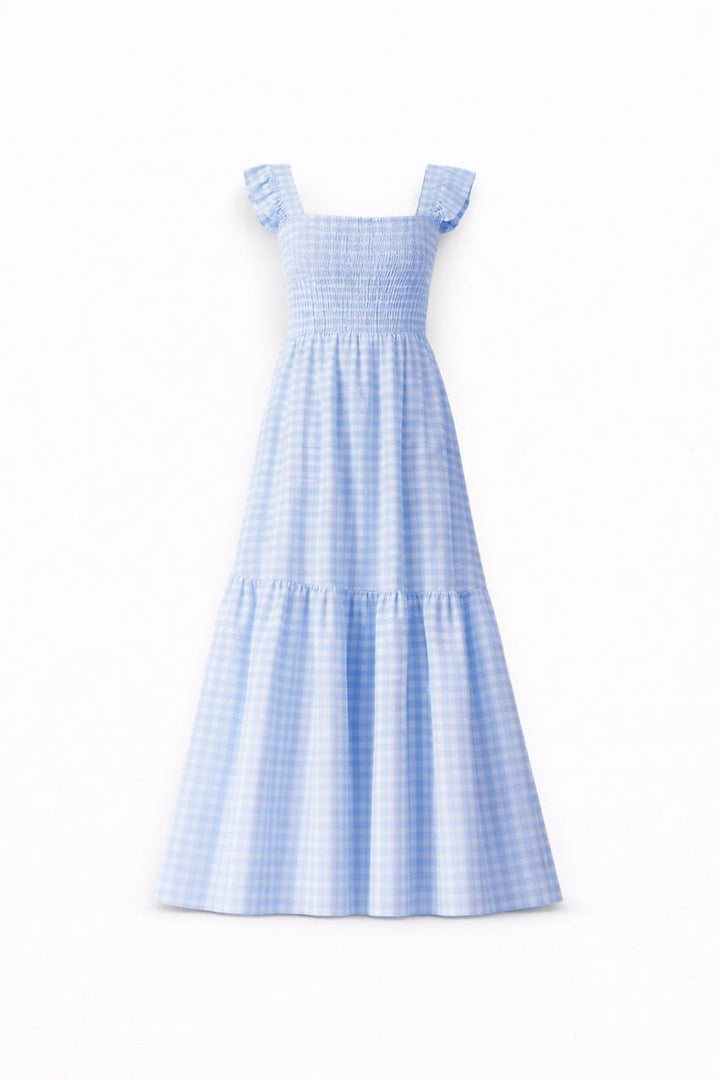 Gingham Maxi Dress – Square Neck Ruffle Sleeve Smocked Waist Dress