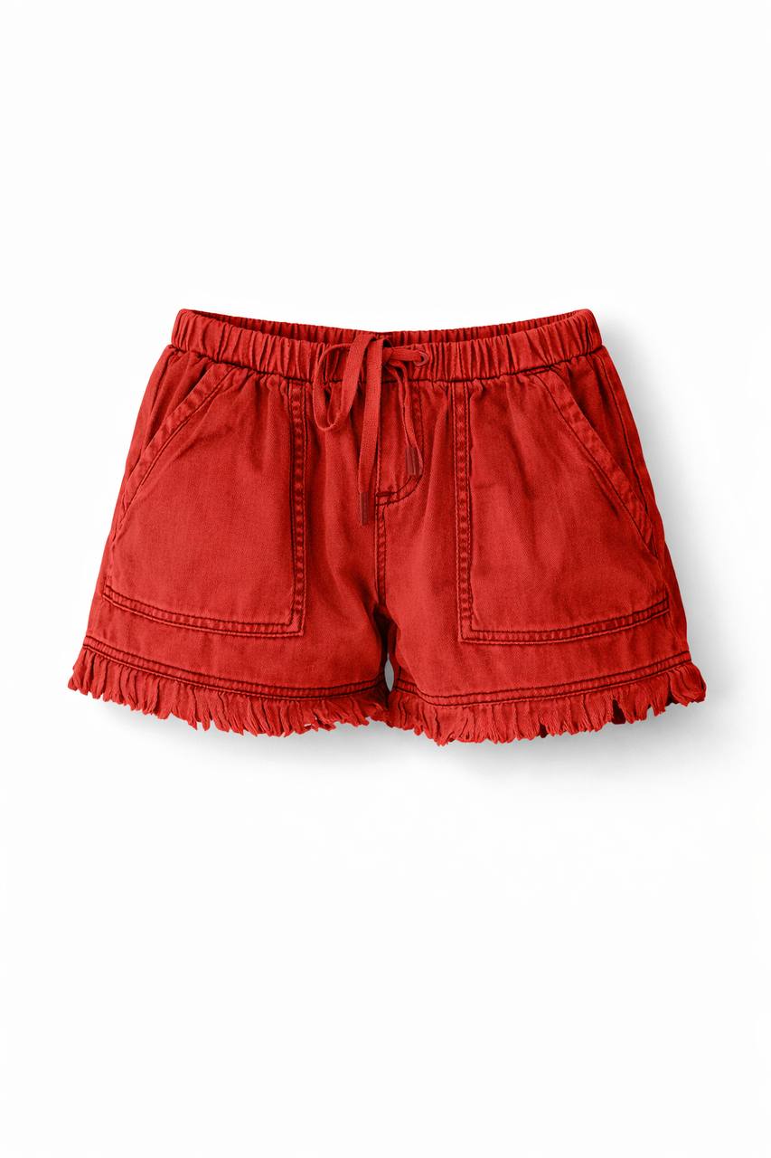 High Waisted Denim Shorts – Elastic Waist Drawstring Shorts with Pockets and Frayed Hem