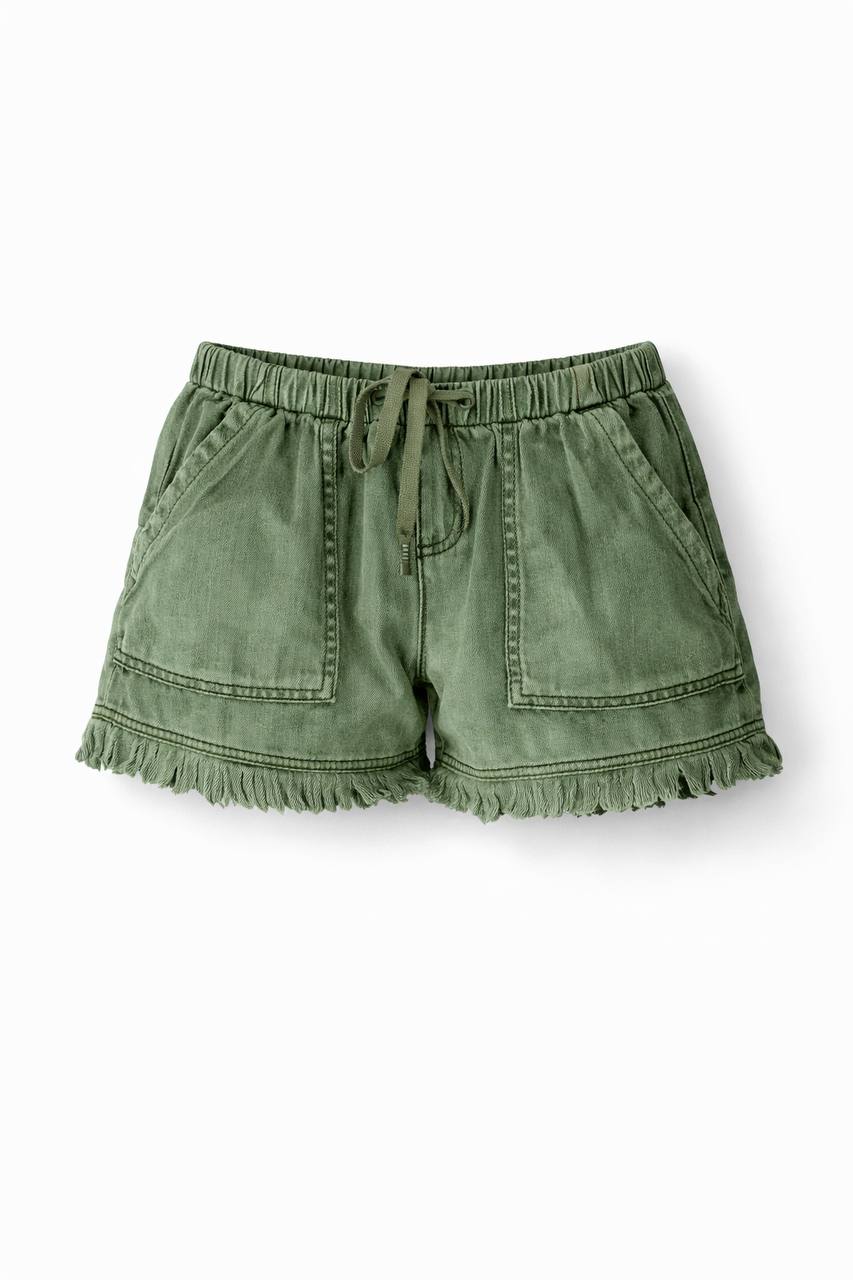 High Waisted Denim Shorts – Elastic Waist Drawstring Shorts with Pockets and Frayed Hem
