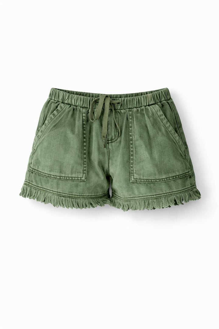 High Waisted Denim Shorts – Elastic Waist Drawstring Shorts with Pockets and Frayed Hem