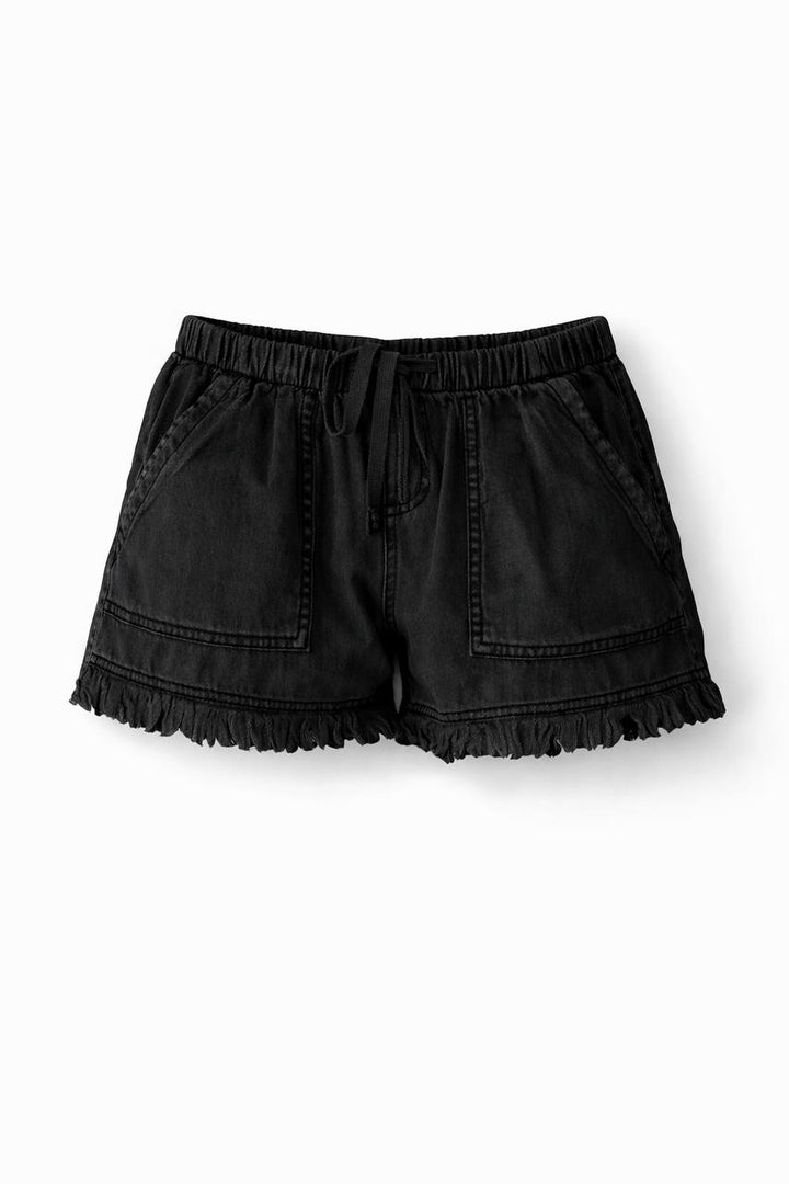High Waisted Denim Shorts – Elastic Waist Drawstring Shorts with Pockets and Frayed Hem
