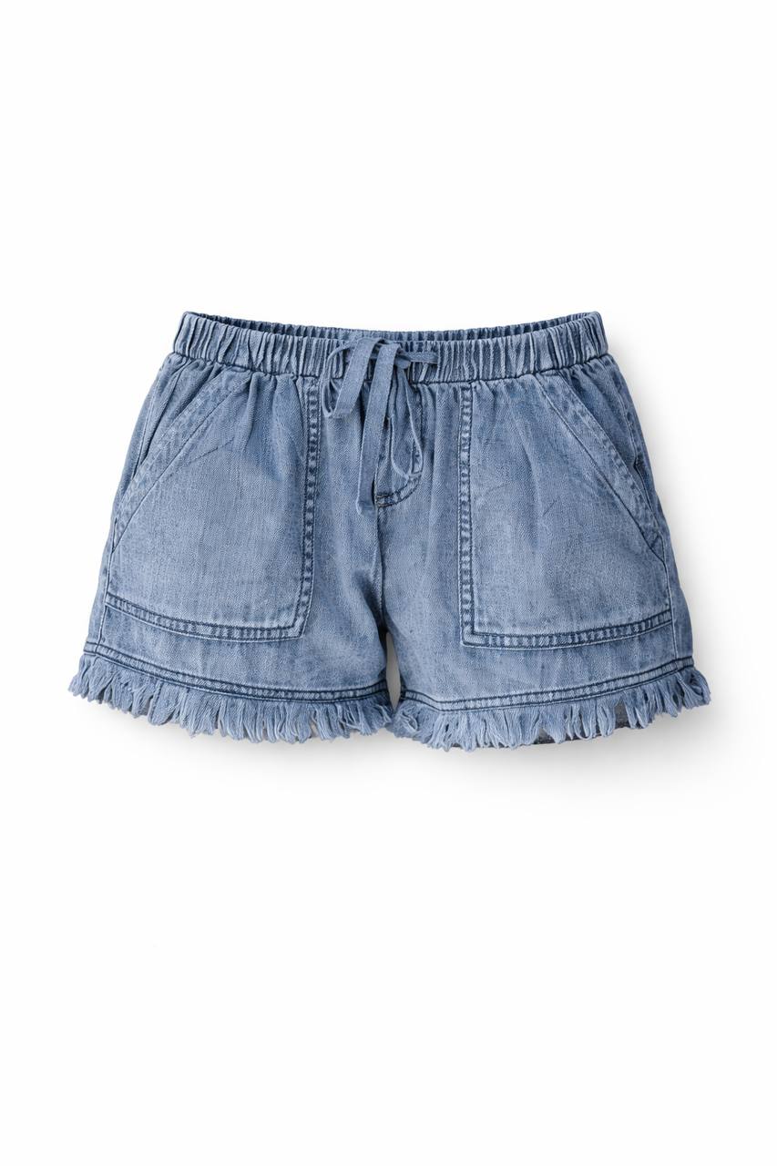 High Waisted Denim Shorts – Elastic Waist Drawstring Shorts with Pockets and Frayed Hem
