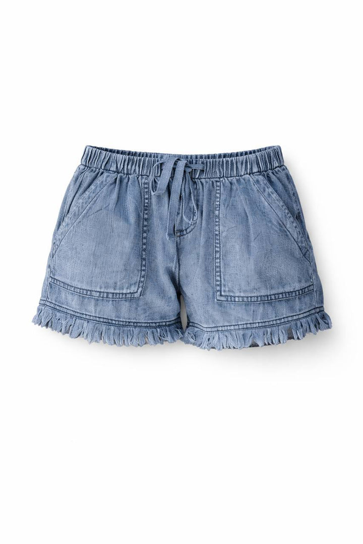 High Waisted Denim Shorts – Elastic Waist Drawstring Shorts with Pockets and Frayed Hem
