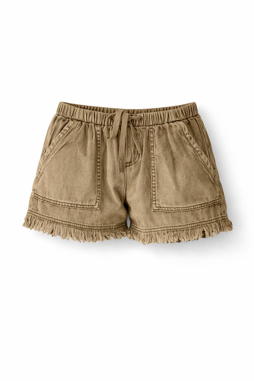 High Waisted Denim Shorts – Elastic Waist Drawstring Shorts with Pockets and Frayed Hem
