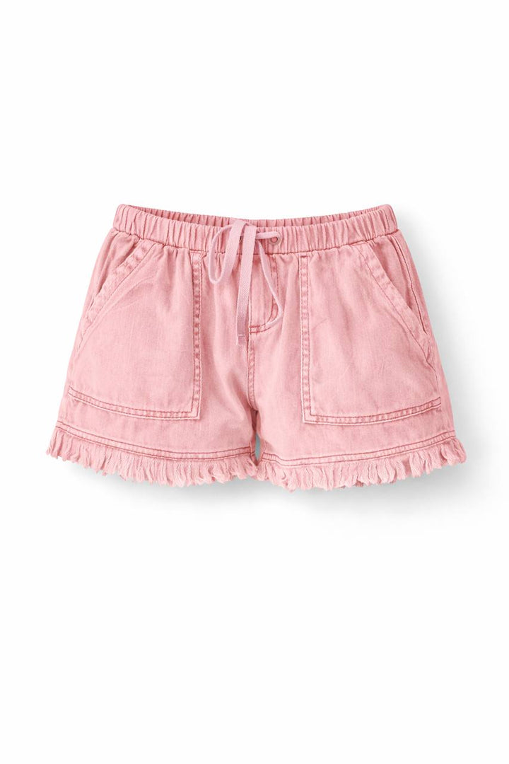 High Waisted Denim Shorts – Elastic Waist Drawstring Shorts with Pockets and Frayed Hem