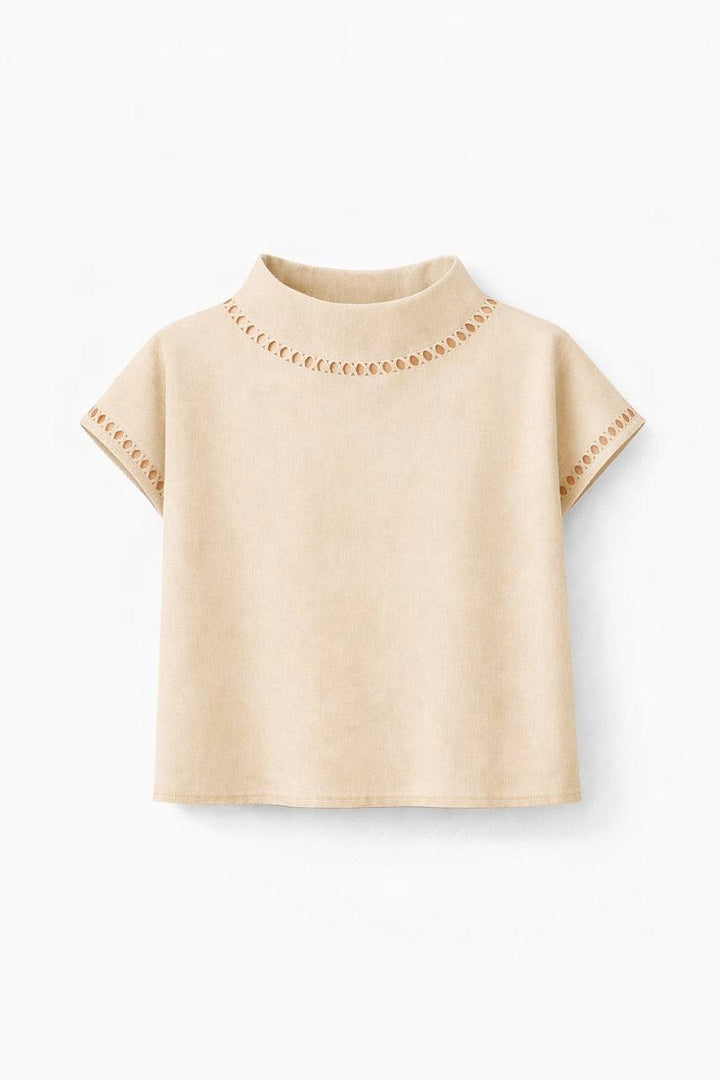 Short Sleeve Blouse – High Neck Lace Trim Top