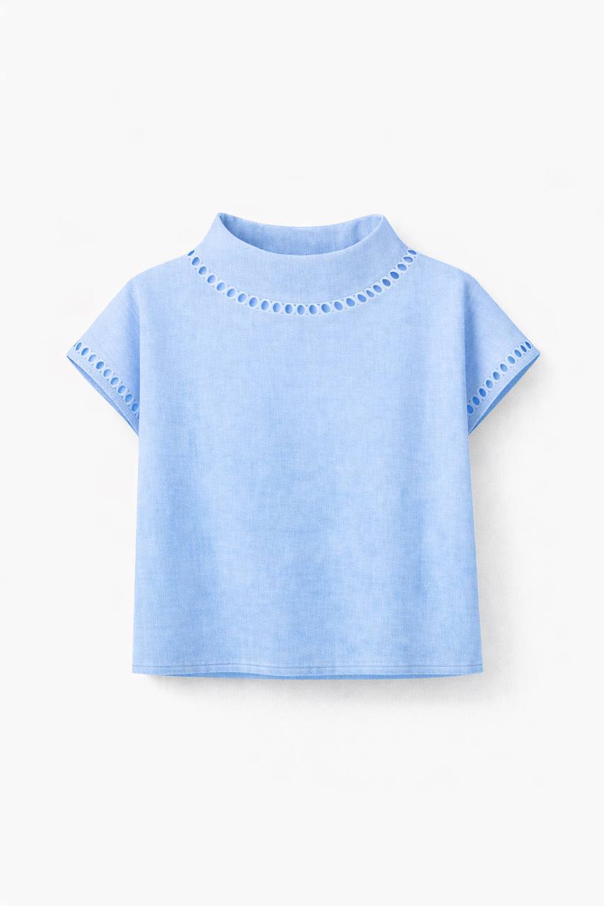 Short Sleeve Blouse – High Neck Lace Trim Top