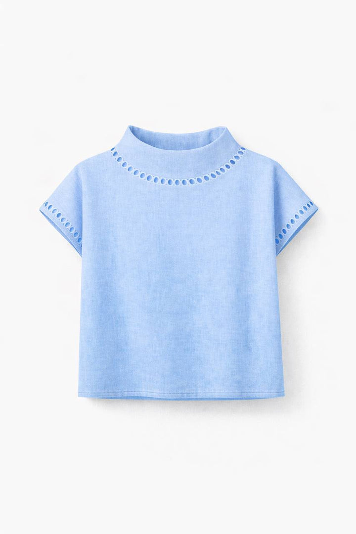 Short Sleeve Blouse – High Neck Lace Trim Top