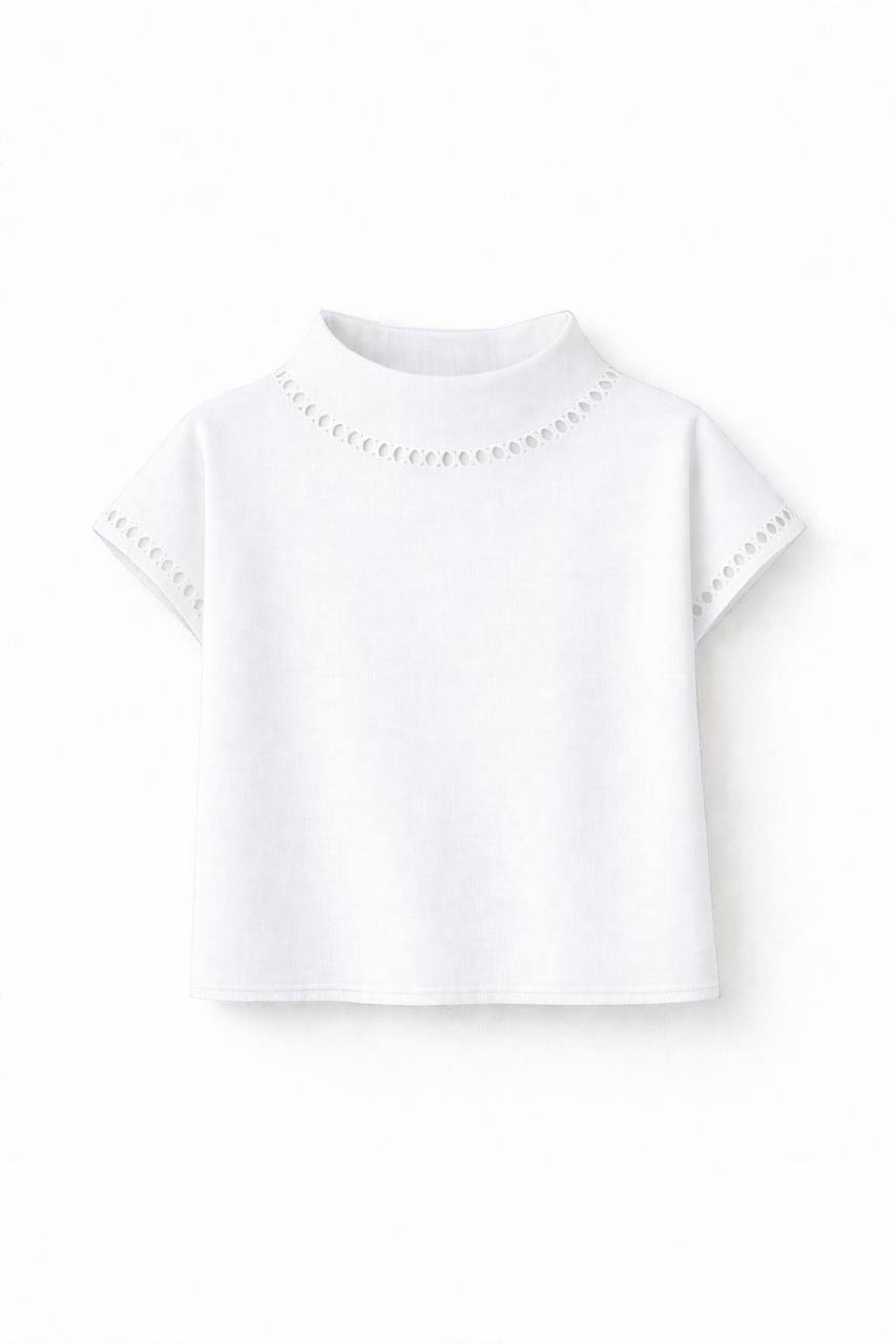 Short Sleeve Blouse – High Neck Lace Trim Top