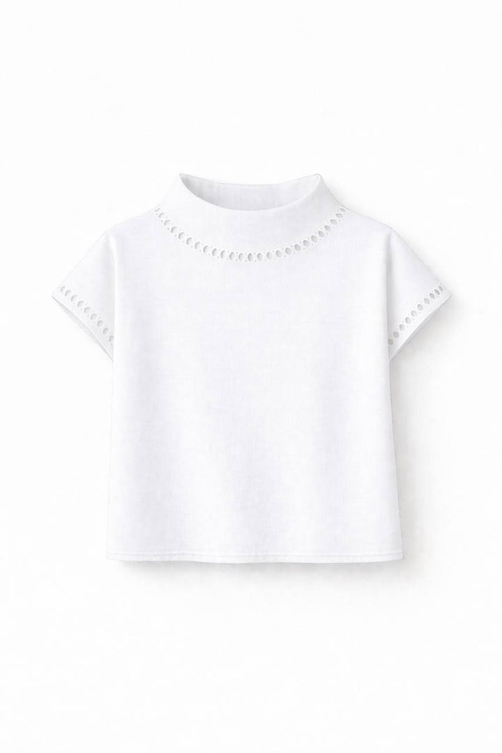 Short Sleeve Blouse – High Neck Lace Trim Top