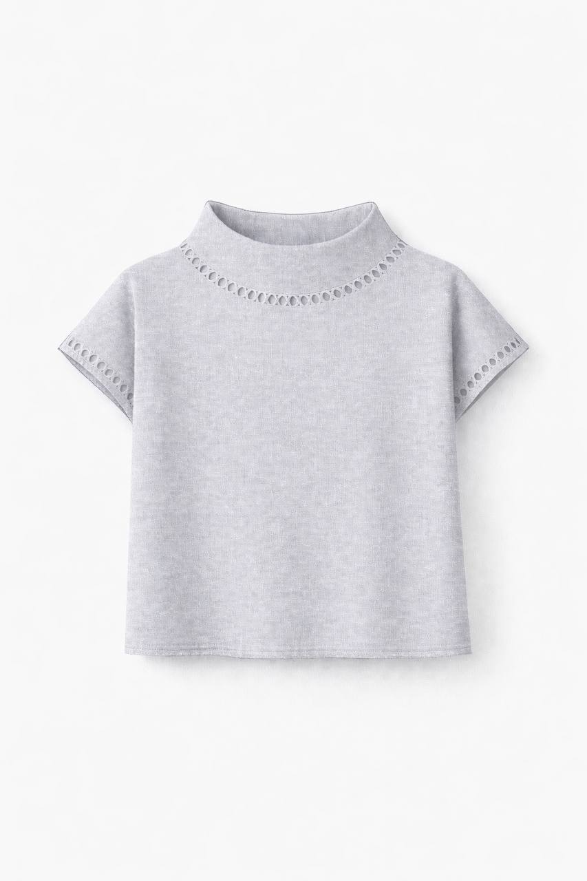 Short Sleeve Blouse – High Neck Lace Trim Top