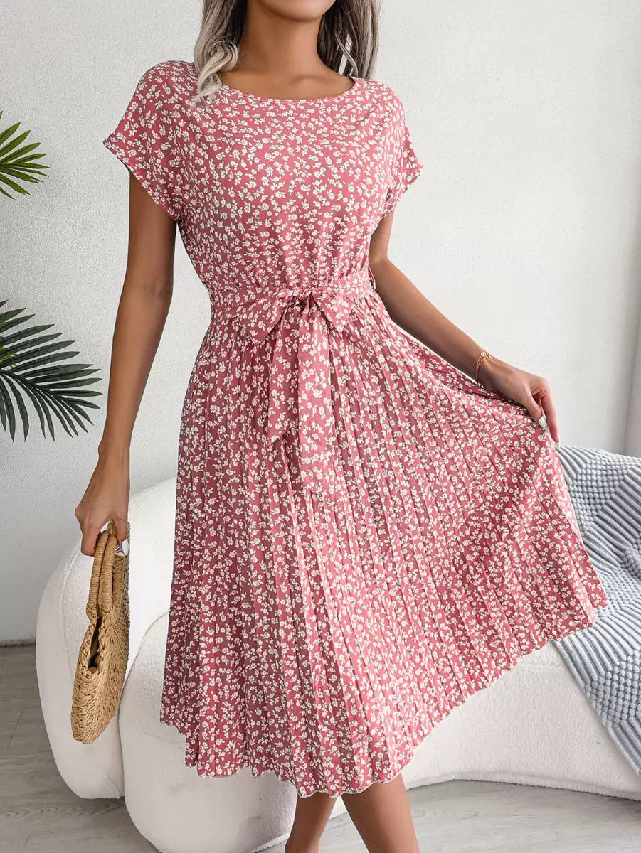 Floral Midi Dress – Short Sleeve Tie Waist A-Line