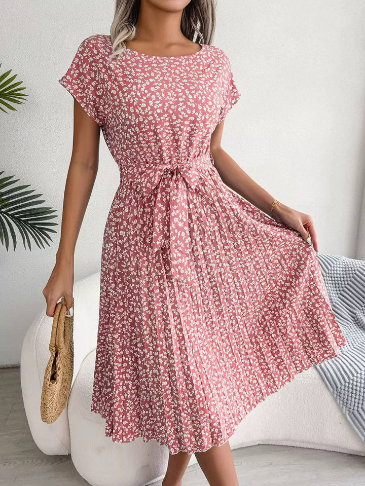 Floral Midi Dress – Short Sleeve Tie Waist A-Line