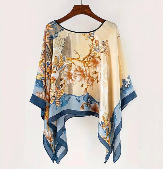 Chiffon Cape Blouse - Loose Fit Round Neck Tunic Top with Asymmetric Hem
