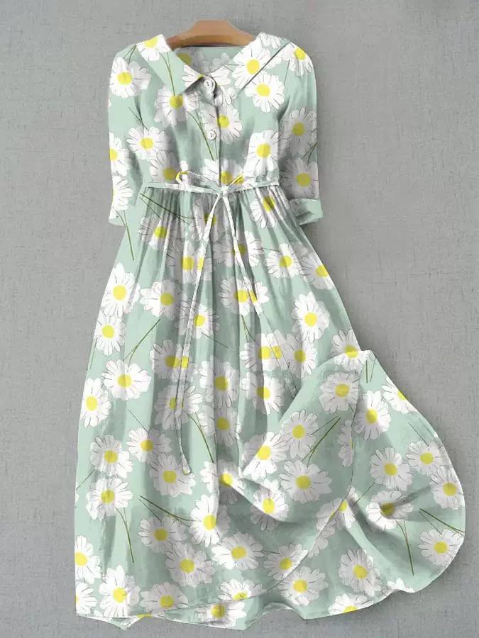 Lightweight Floral Belted Midi dress - Short Sleeve A-Line Dress with Waist Tie and Flared Hem