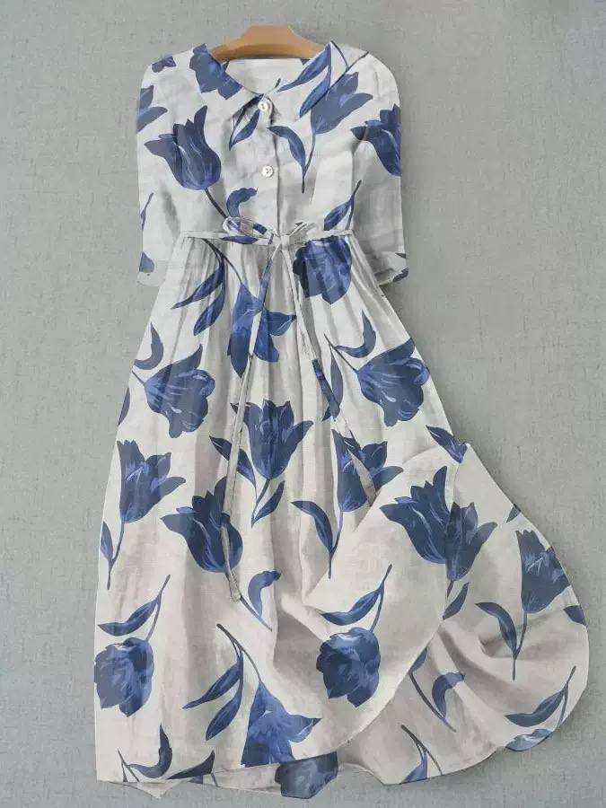 Lightweight Floral Belted Midi dress - Short Sleeve A-Line Dress with Waist Tie and Flared Hem