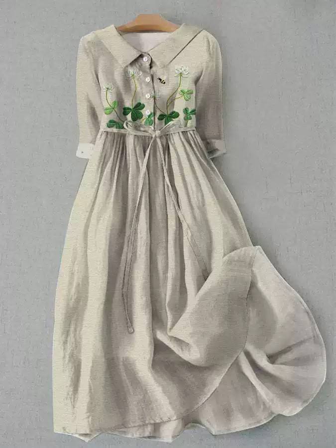 Lightweight Floral Belted Midi dress - Short Sleeve A-Line Dress with Waist Tie and Flared Hem
