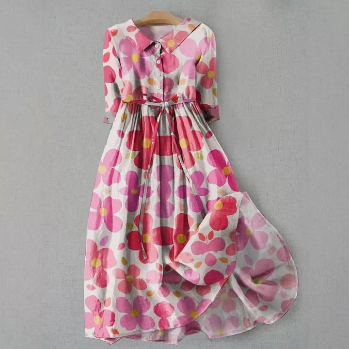 Floral Shirt Dress – Collared Button Front Midi Dress with Waist Tie