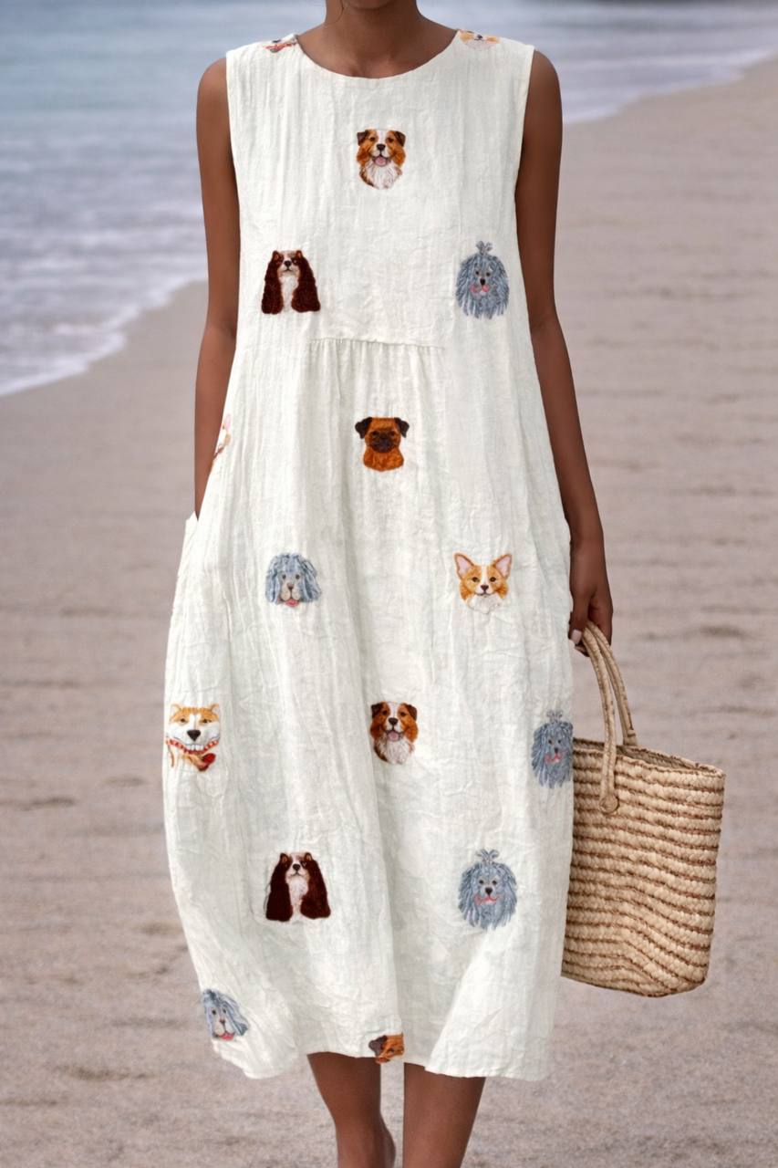Casual Dog Sleeveless Midi Dress – Round Neck Loose Fit Dress