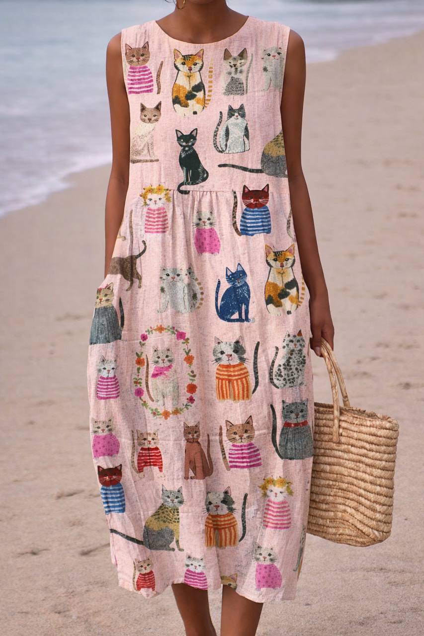 Cat Sleeveless Midi Dress – Round Neck Loose Fit Casual Dress