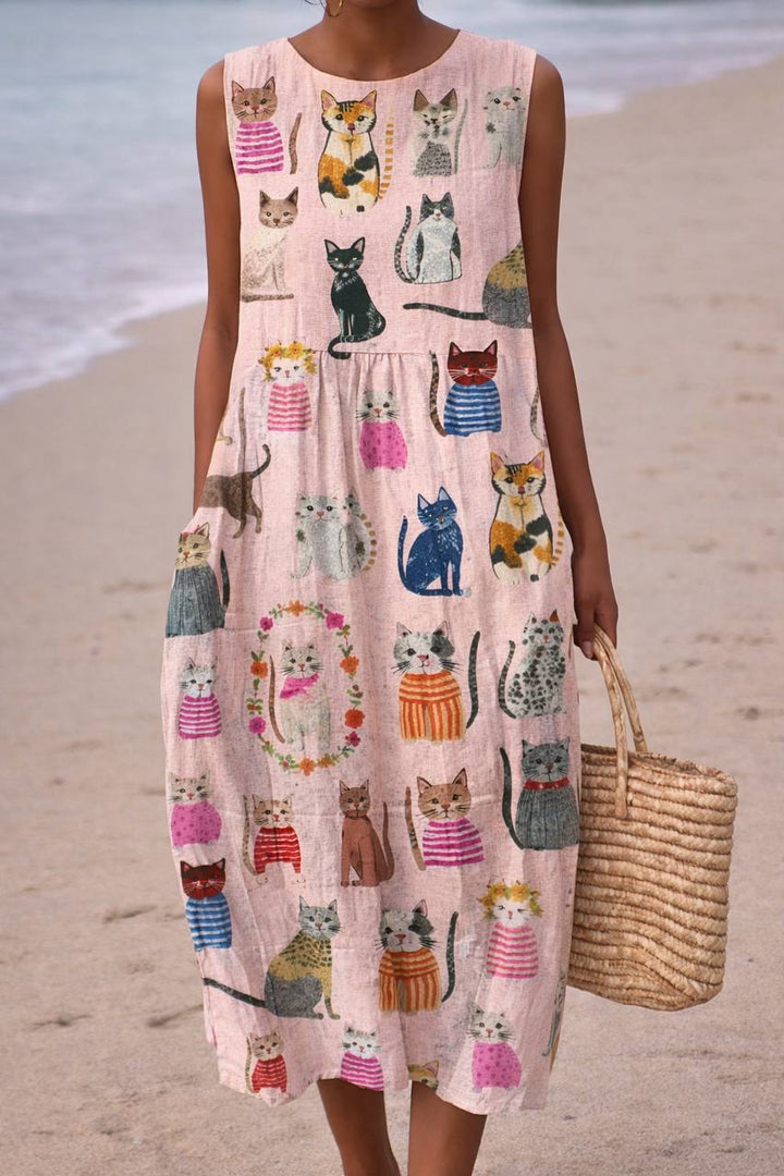 Cat Sleeveless Midi Dress – Round Neck Loose Fit Casual Dress