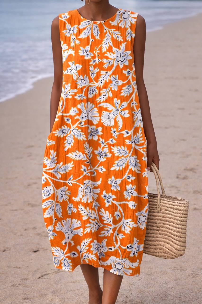 Floral Sleeveless Midi Dress – Round Neck Loose Fit Casual Dress