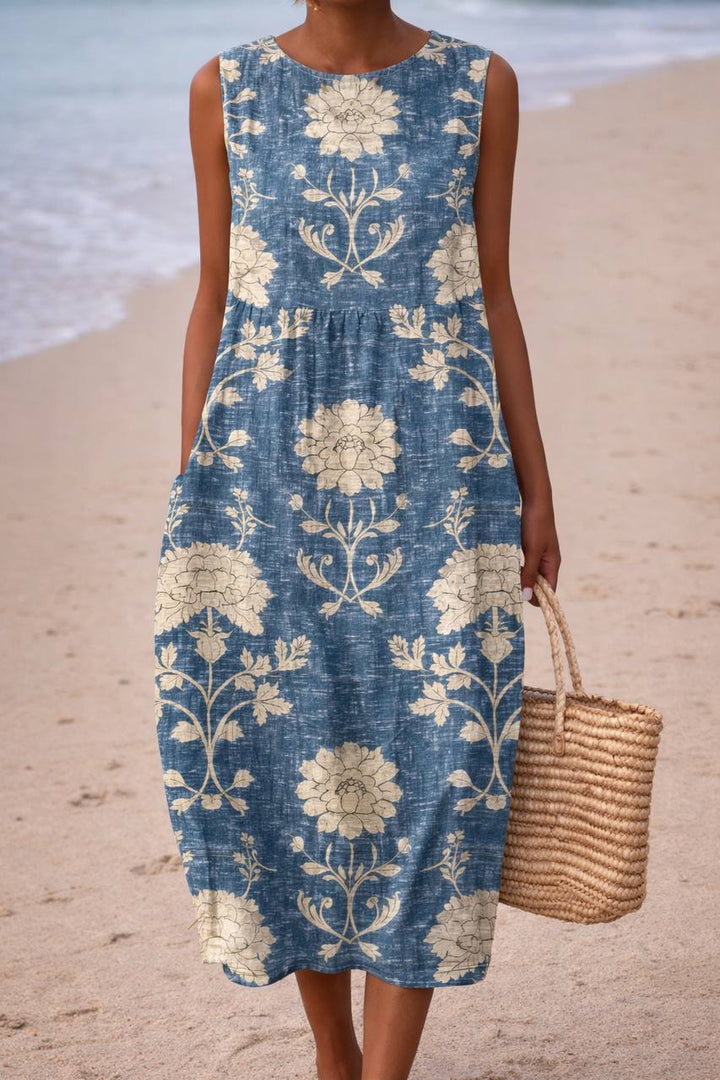 Floral Sleeveless Midi Dress – Round Neck Loose Fit
