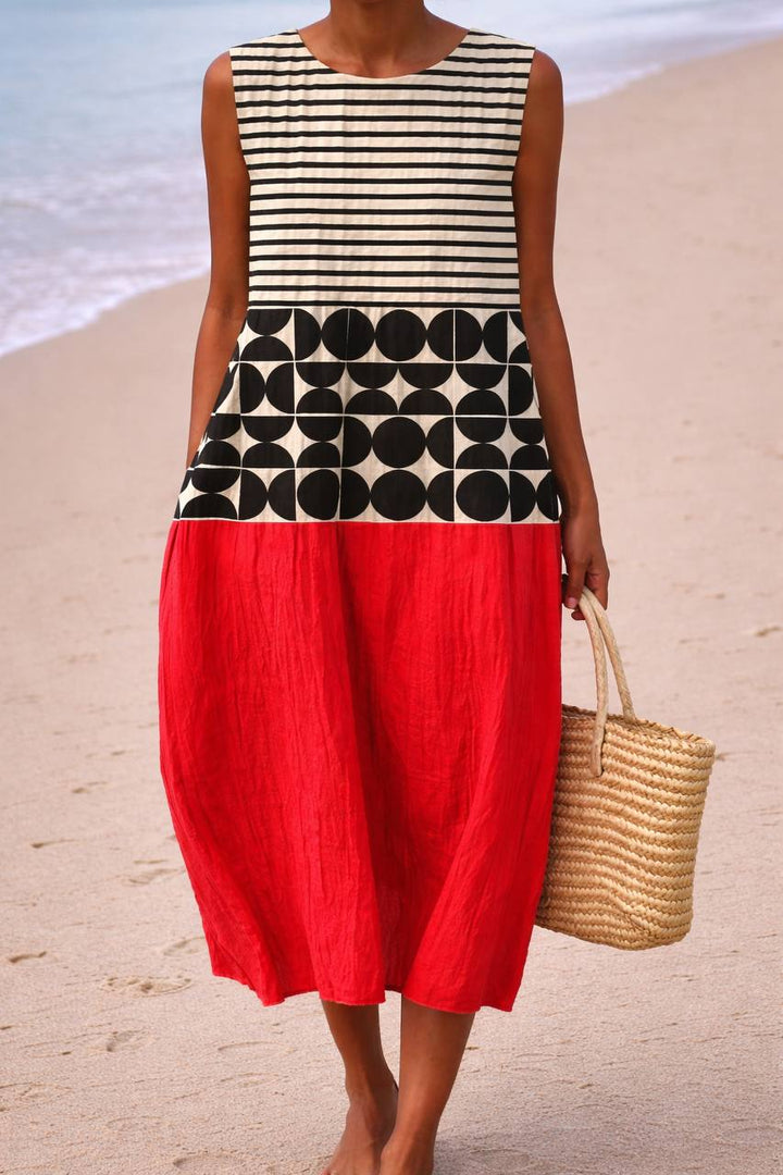 Sleeveless Geometric Color Block Midi Dress - Round Neck Loose Fit Dress