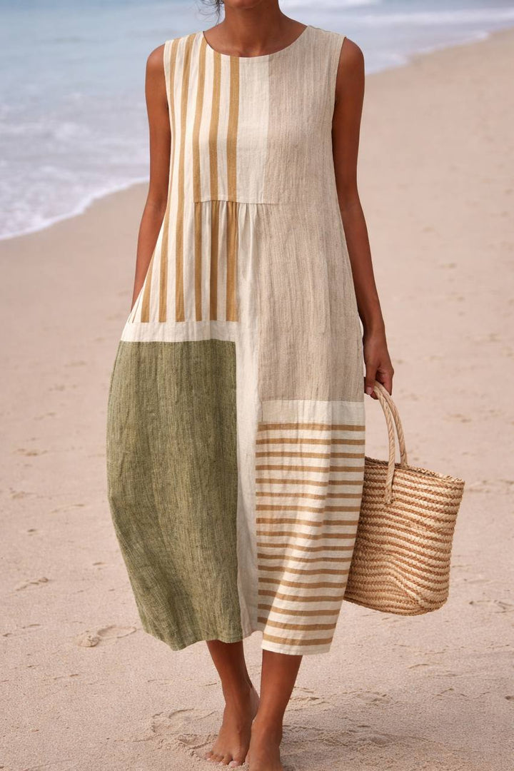 Striped Color Block Sleeveless Midi Dress – Round Neck Loose Fit Dress